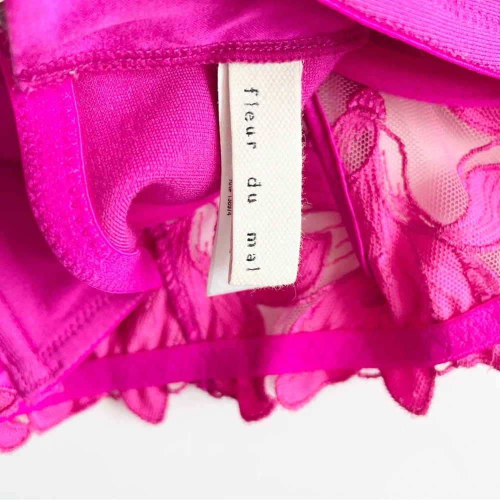 Fleur du Mal 32B Lily embroidered longlined unlined demi bra in fuchsia pink